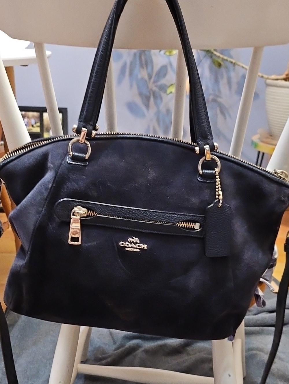 Suede Coach Navy Blue Leather Top-Handle Shoulder Bag with Gold Hardware